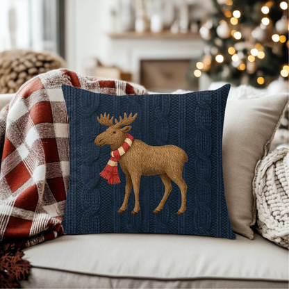 Navy blue pillow with a moose design wearing a red scarf on a couch with festive decorations.