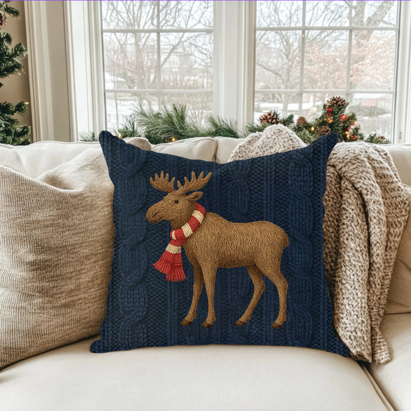 Decorative pillow with a moose design on a couch in a festive living room.