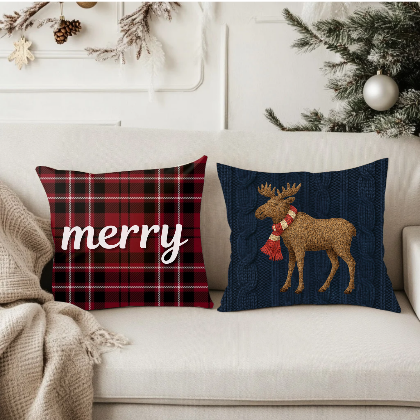 Two Christmas-themed pillows on a couch with festive decorations. On the left, a plaid pillow with the word "merry" and on the right, a cable knit look pillow with a festive moose in a red and white striped scarf on the front.