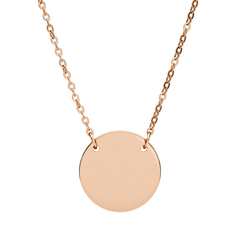 Rose gold necklace with a round pendant on a white background