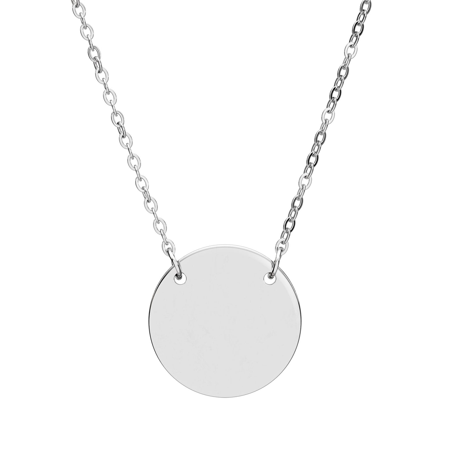 Silver necklace with a round pendant on a white background