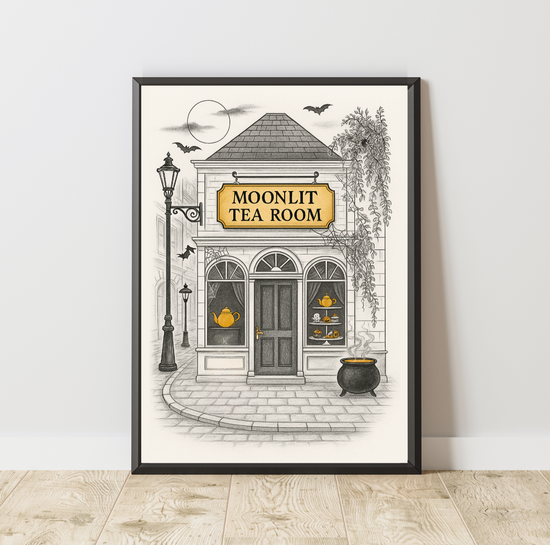 Close-up of Moonlit Tea Room digital download artwork featuring a haunted tea shop with bats and moon