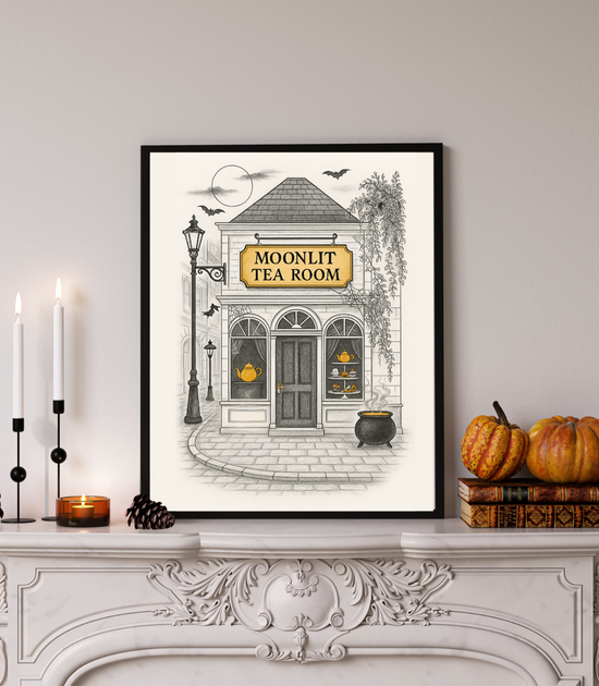 Moonlit Tea Room printable wall art displayed above a fireplace with pumpkins and candles, cozy fall décor style.