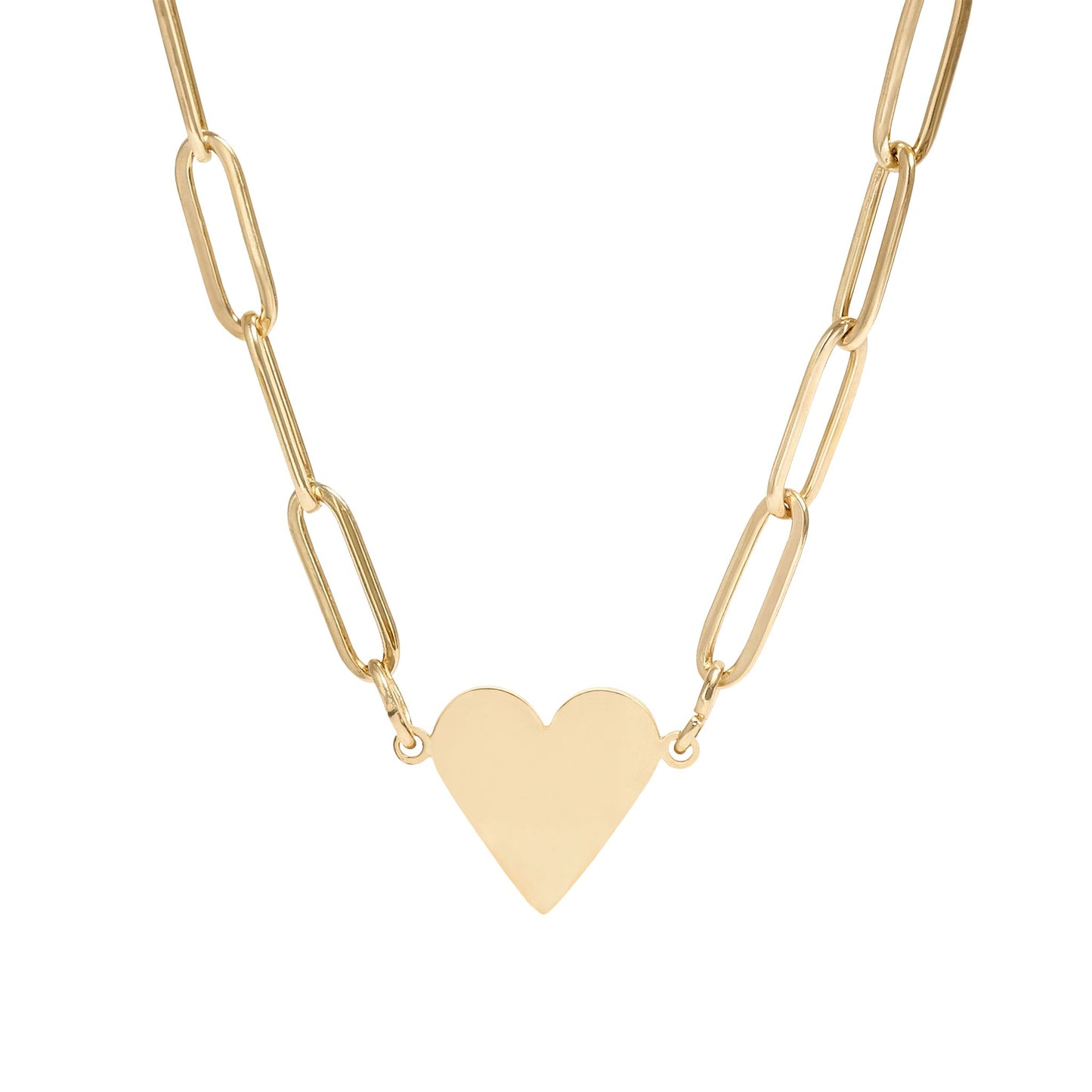 Gold heart-shaped pendant on a gold chain against a white background