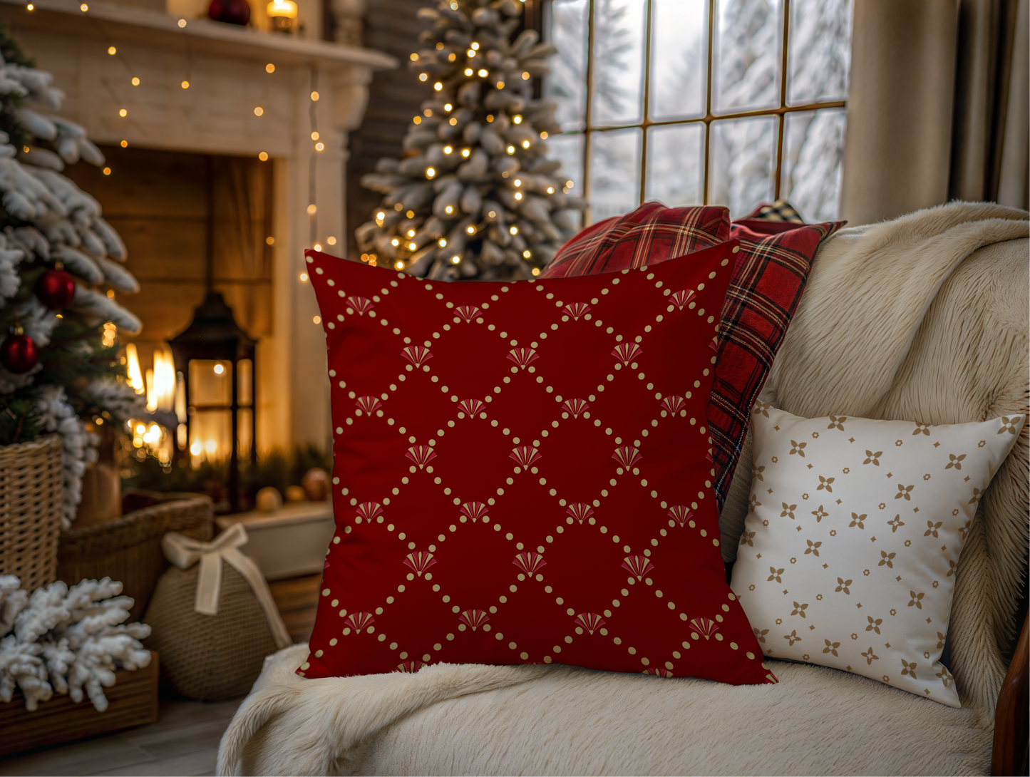 Decorative pillows on a couch with Christmas trees and lights in the background
