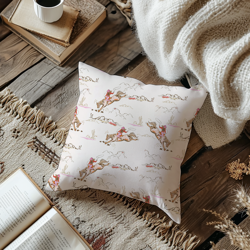 Pink bucking bronco cowgirl pillowcase from Trésor Valeur’s Urban Cowgirl Collection, featuring a playful western horse pattern on a soft pink background. Displayed on a modern wooden floor, this pillowcase combines bold cowboy-core energy with a chic, contemporary finish. Available in four sizes with a concealed zipper and double-sided print.