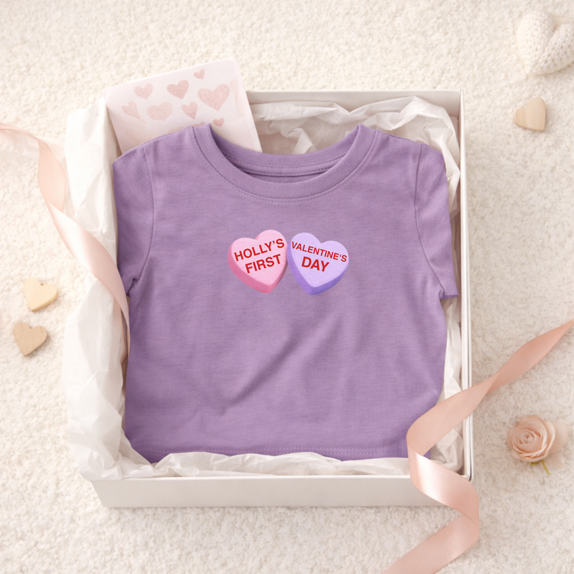 Purple t-shirt with 'Holly's First Valentine's Day' text in a box on a light background
