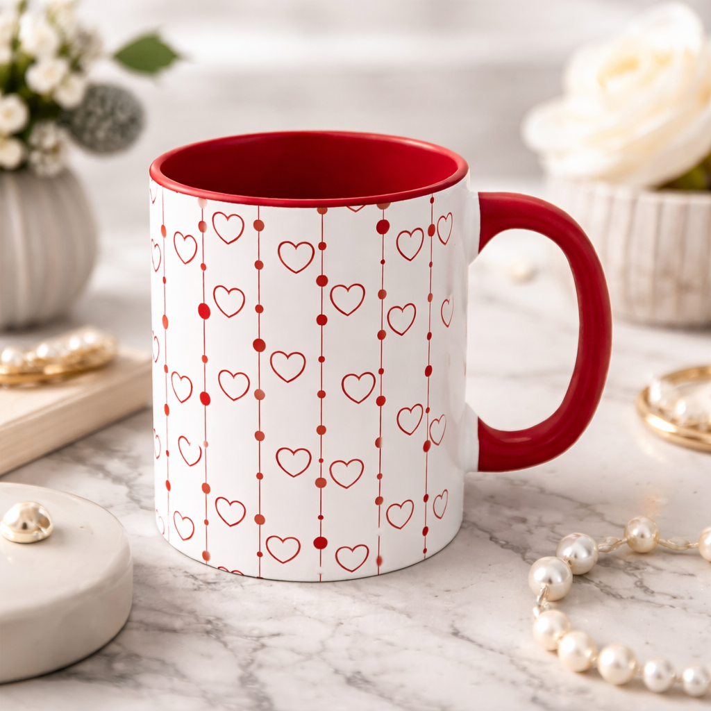 Heart & Line Ceramic Mug | Red Handle + Interior