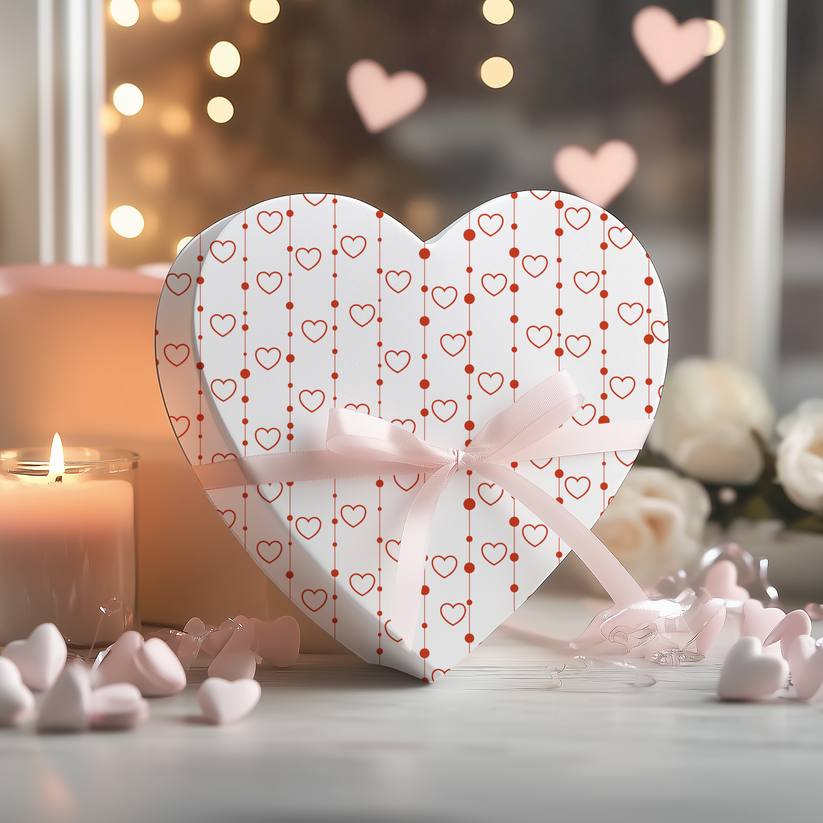 Heart-shaped gift box with red heart pattern on a romantic setting with candles and flowers.