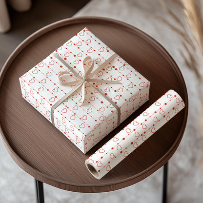 Gift box with heart pattern and bow on a wooden tray