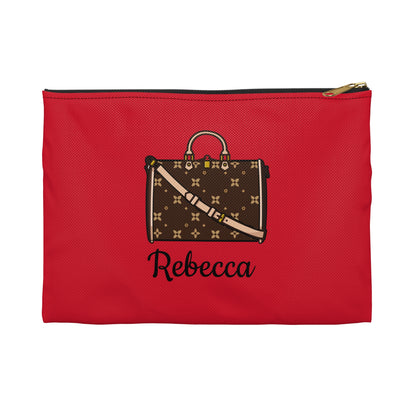 Red pouch with a brown bag design and 'Rebecca' text on a white background