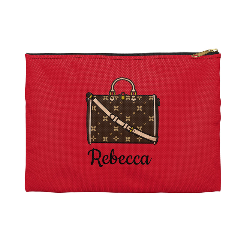 Red pouch with a brown bag design and 'Rebecca' text on a white background