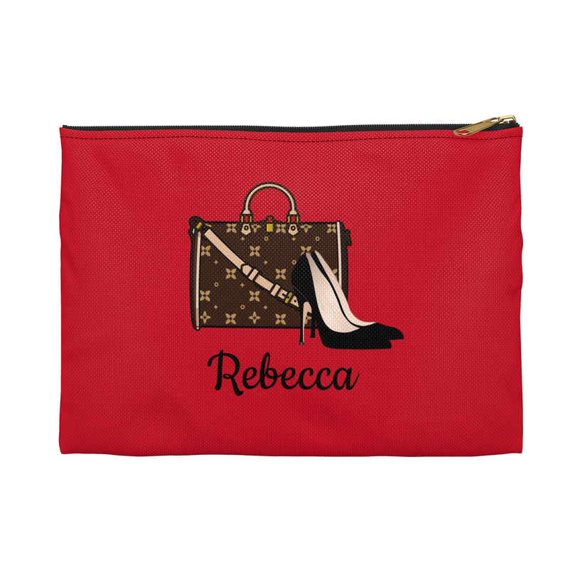 Red pouch with a handbag and high heel design and the name 'Rebecca' on a white background
