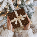Brown and beige gift wrapped box with a white ribbon held in front of a decorated Christmas tree.