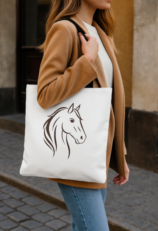 Woman with a white tote bag showing a horse image.