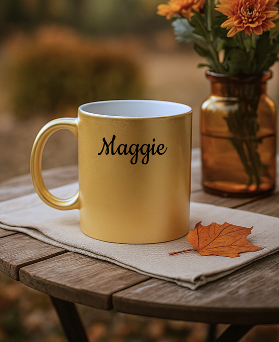 Gold mug with 'Maggie' on a wooden table with flowers and a leaf.