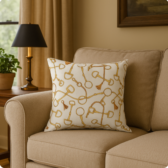 Decorative pillow with gold key pattern on a beige sofa in a living room setting.