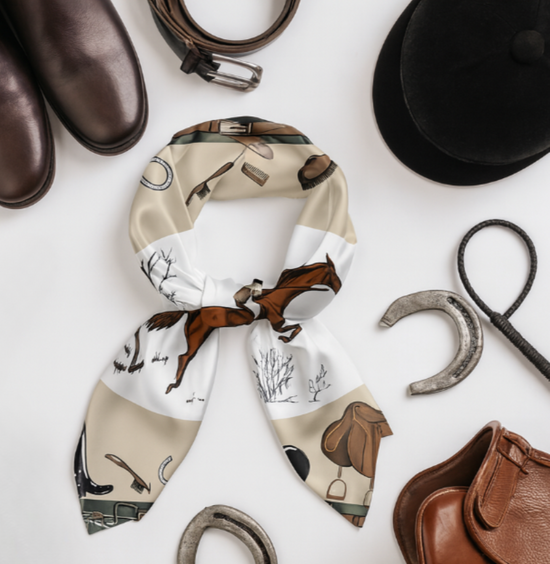 Scarf with horse and saddle pattern surrounded by leather shoes, belt, hat, and horseshoes on a white background