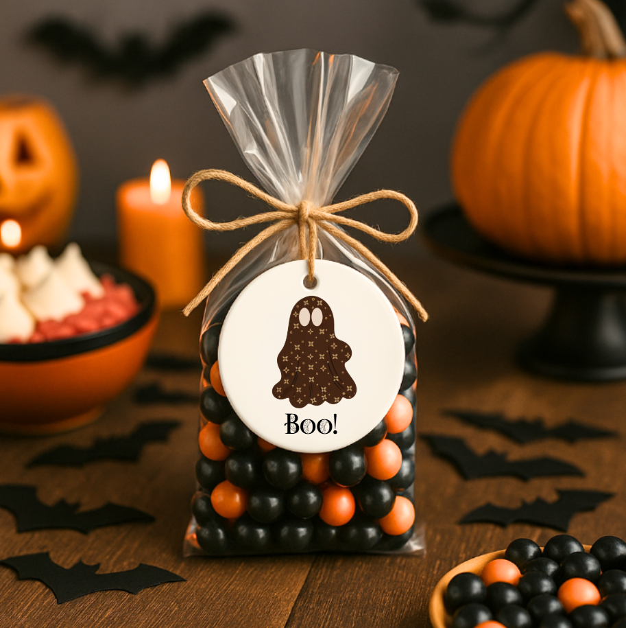 Rundes Halloween-Ornament aus Keramik | „Boo-jee“ Schickes Gespenst | 4 Farboptionen