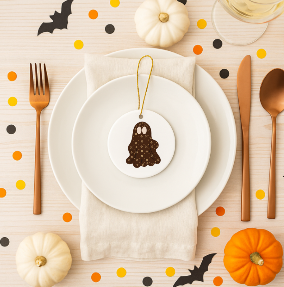 Rundes Halloween-Ornament aus Keramik | „Boo-jee“ Schickes Gespenst | 4 Farboptionen