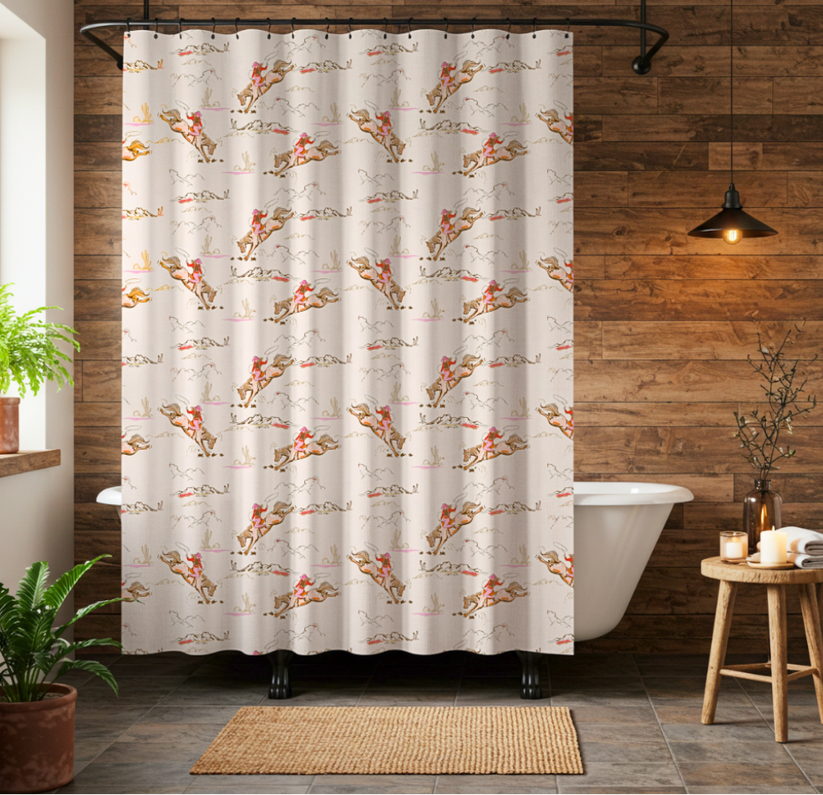 Shower curtain with horse and rider pattern in a bathroom setting