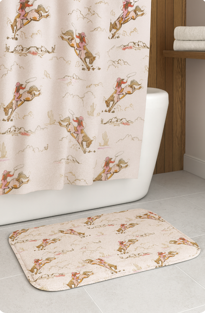 Bathroom set with shower curtain and rug featuring horse pattern