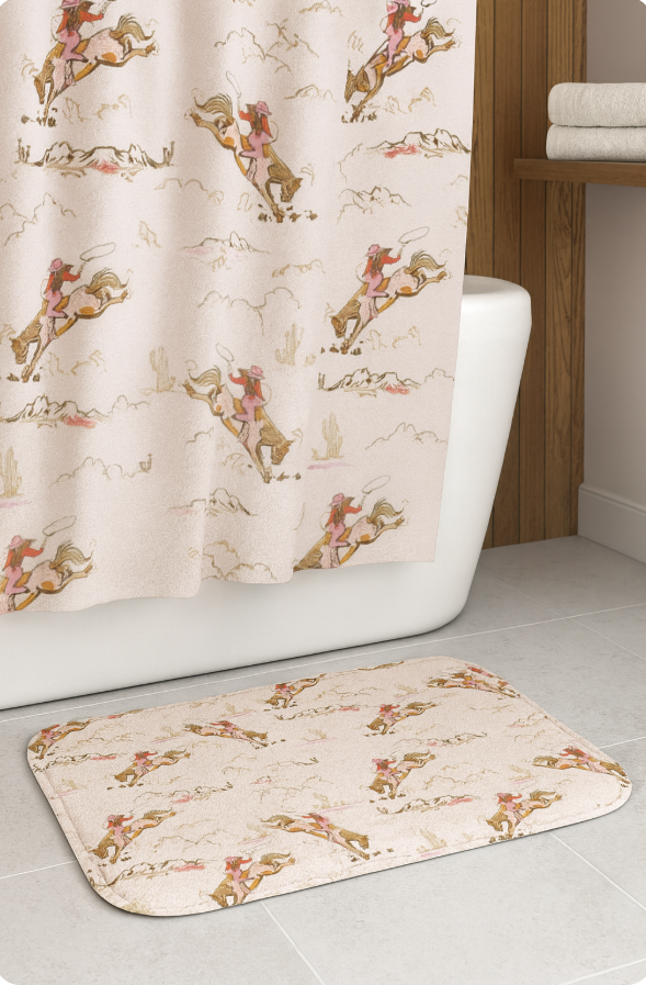 Bathroom set with shower curtain and rug featuring horse pattern
