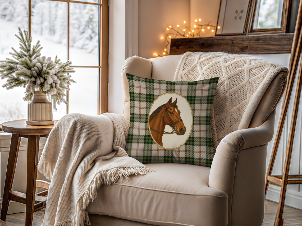 Cozy living room with a chair, plaid pillow featuring a horse, and decorative items.