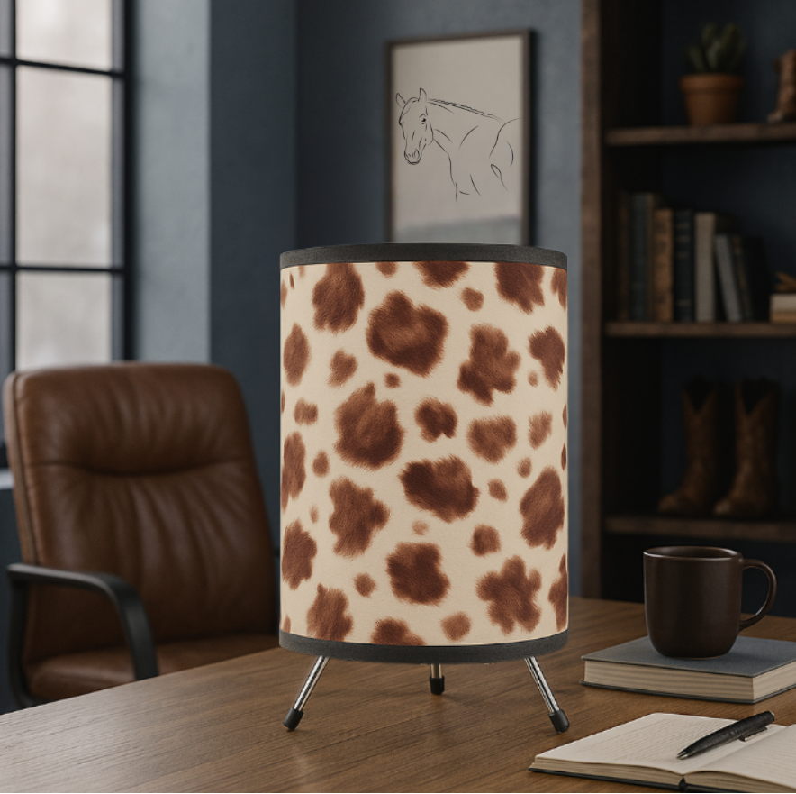 Small cylindrical lamp with a cow print design on a wooden table in a room with a chair and books.