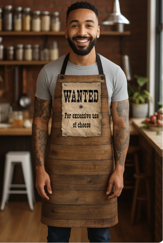 Man wearing a wooden apron with a humorous 'WANTED' poster in a kitchen setting