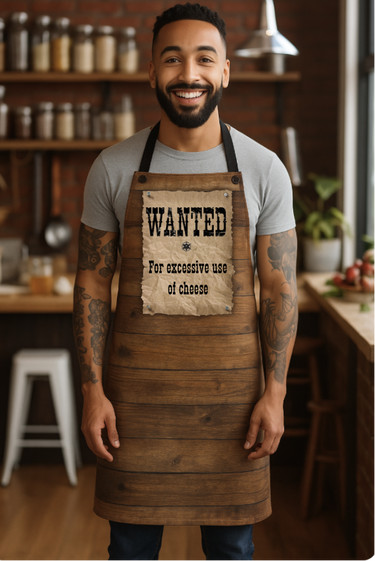Man wearing a wooden apron with a humorous 'WANTED' poster in a kitchen setting