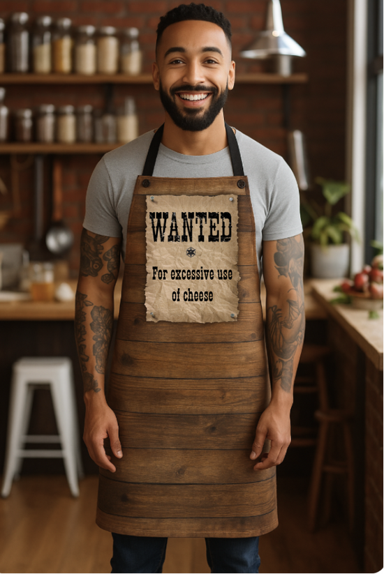 Man wearing a wooden apron with a humorous 'WANTED' poster in a kitchen setting
