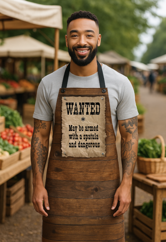 Man wearing a wooden apron with 'WANTED' sign at an outdoor market.