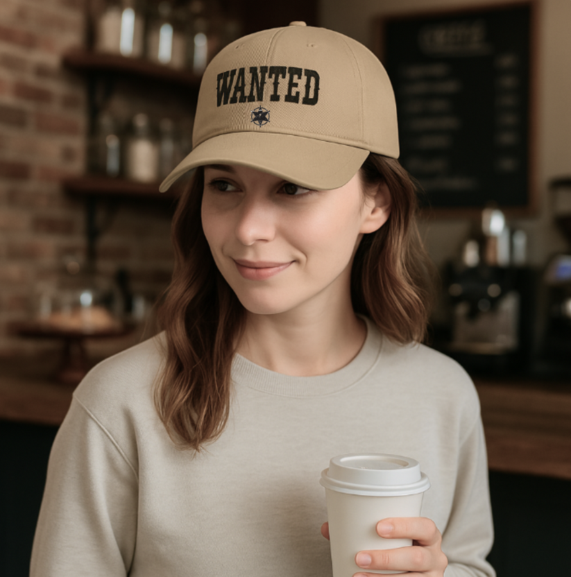 A woman outdoors in a rustic city setting wearing a khaki Wanted Western hat with distressed graphic from Trésor Valeur.