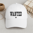 White cap with 'WANTED' text on a light background