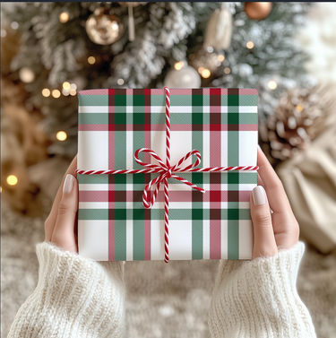 Red, White & Green Plaid Wrapping Paper | Satin Finish | 3 sizes