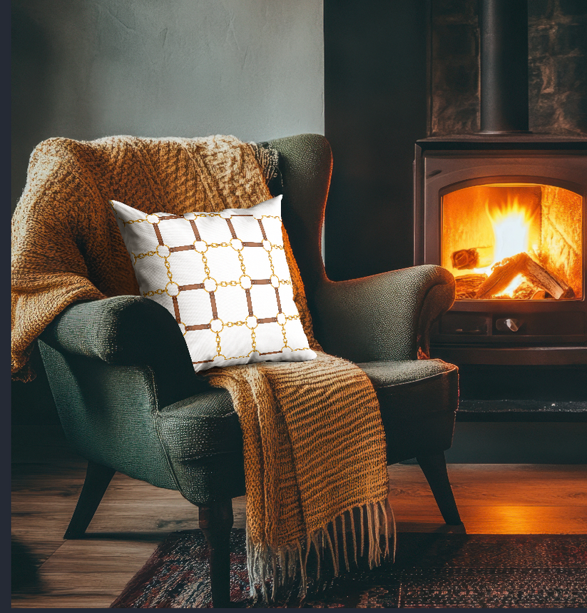 Cozy armchair with a blanket and pillow in front of a fireplace