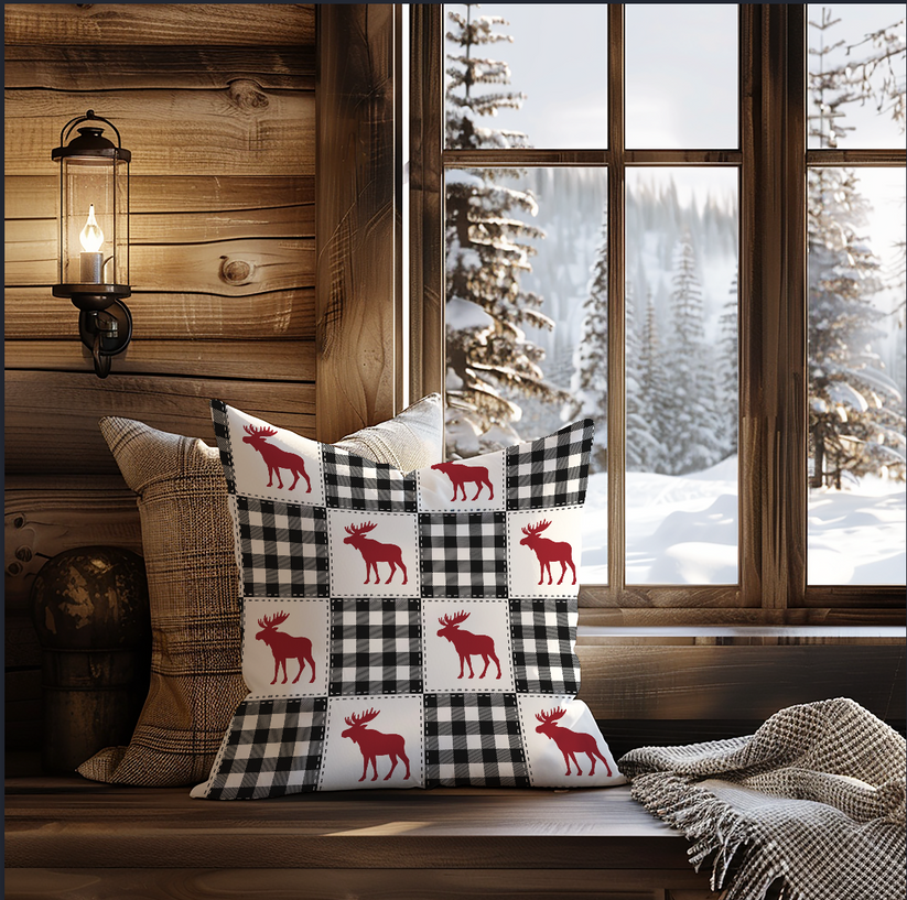 Decorative pillow with moose pattern on a wooden bench by a window with a snowy landscape view.
