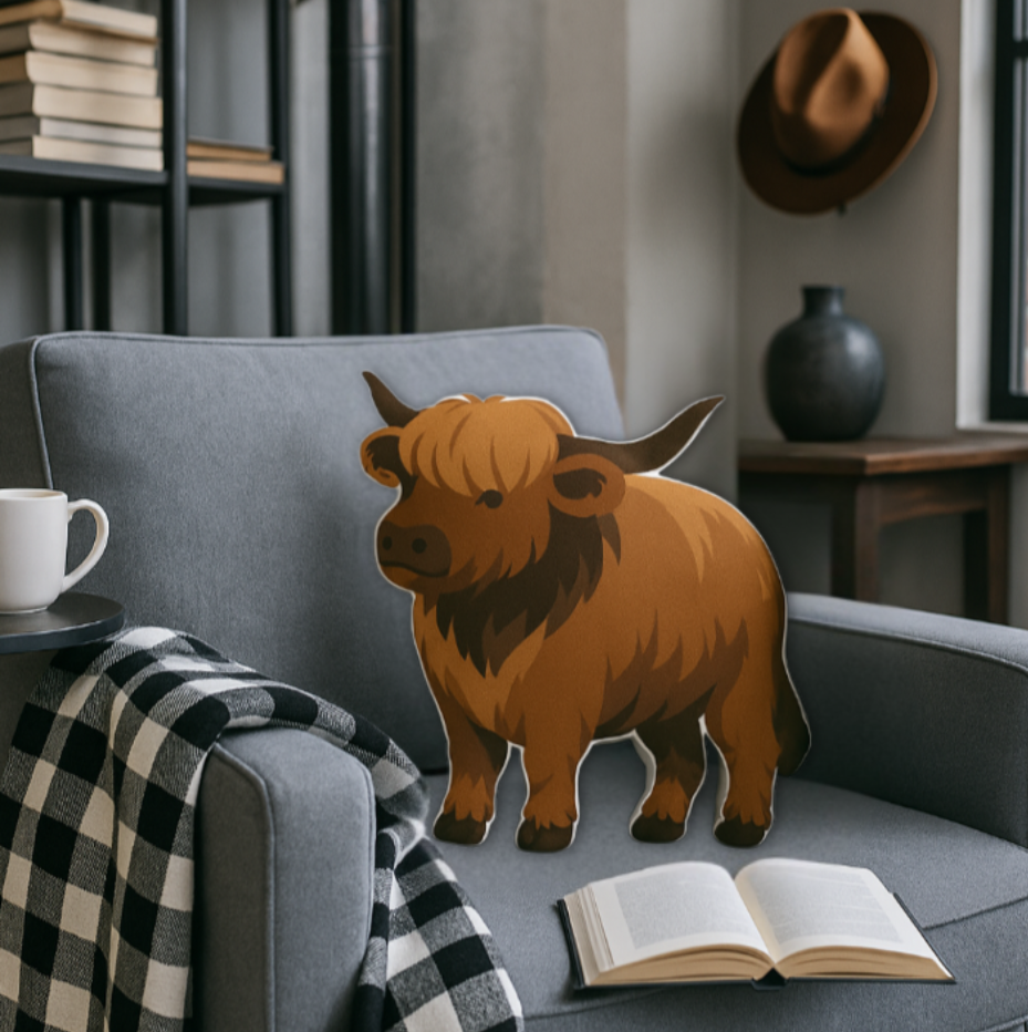 Brown Highland cow plush toy on a gray armchair with a book and coffee cup nearby.