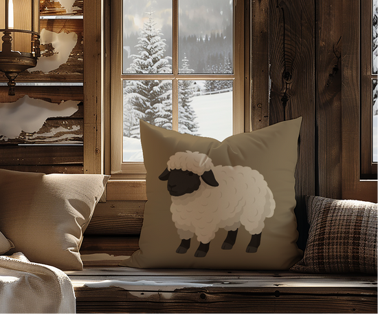 Decorative pillow with a sheep design on a wooden bench in a cozy room with a window view of snow-covered trees.