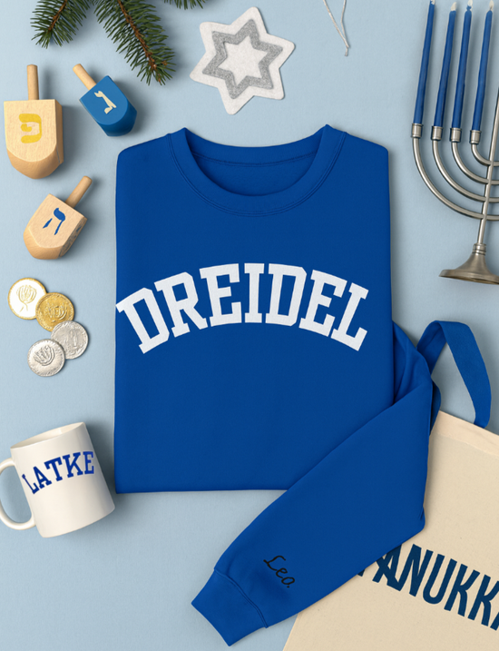DREIDEL Collegiate Personalizable Sweatshirt | Custom Sleeve or Back | White, Gold & Blue