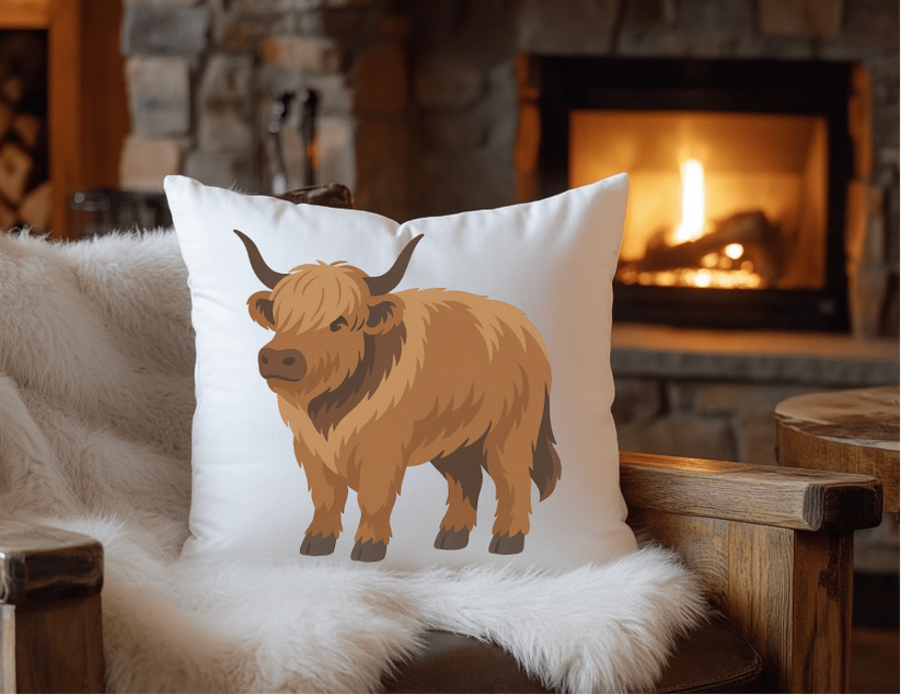 Pillow with a brown highland cow design on a white background in front of a fireplace.