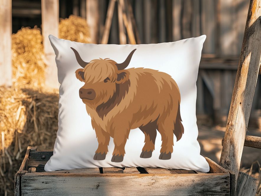 Pillow with a brown cow illustration on a wooden crate with hay in the background