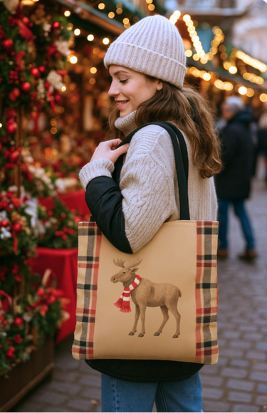 Woman holding a tote bag with a moose design at a Christmas market.