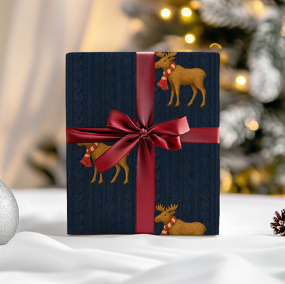 Navy Blue Cable Knit Wrapping Paper with Moose Motif | Satin Finish