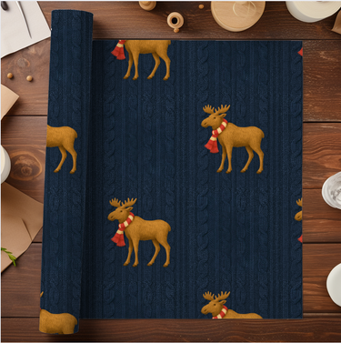 Navy Blue Cable Knit Wrapping Paper with Moose Motif | Satin Finish