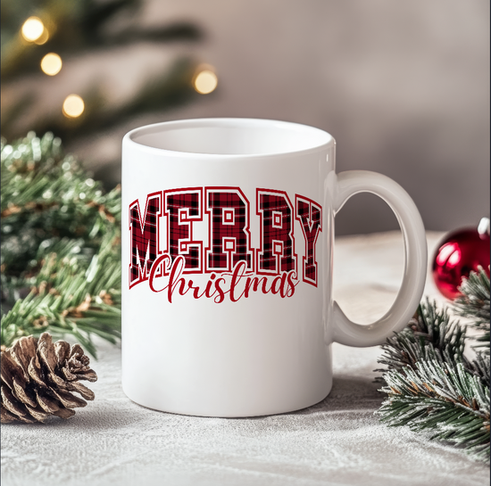 Plaid Merry Christmas Collegiate Mug | Personalizable