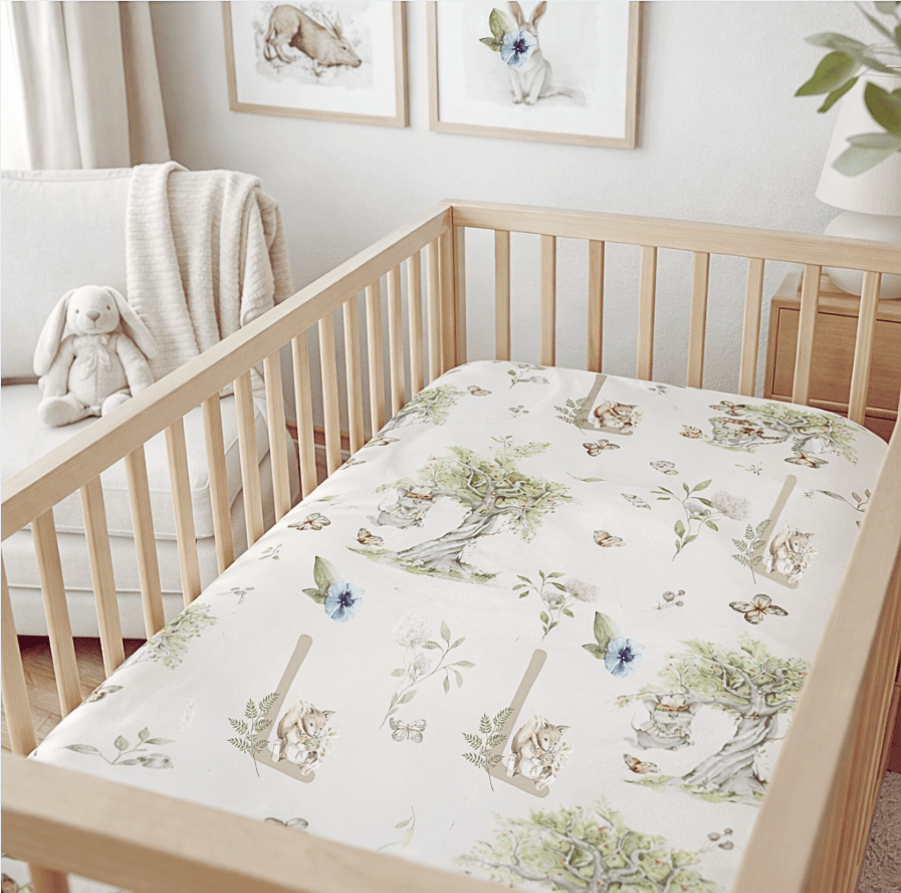 Petits Animaux | Bunny & Mouse Crib Sheet | Personalized Initial Monogram Nursery Bedding - Tresor Valeur