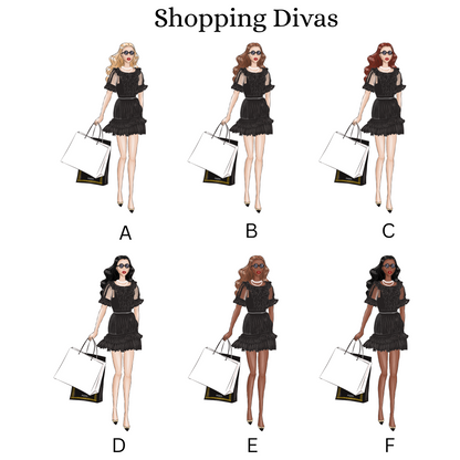 Illustrations of a woman in a black dress with shopping bags, labeled A to F, on a white background.