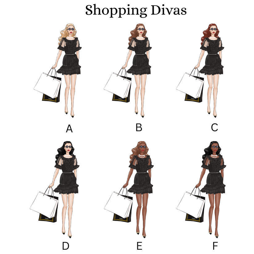Illustrations of a woman in a black dress with shopping bags, labeled A to F, on a white background.